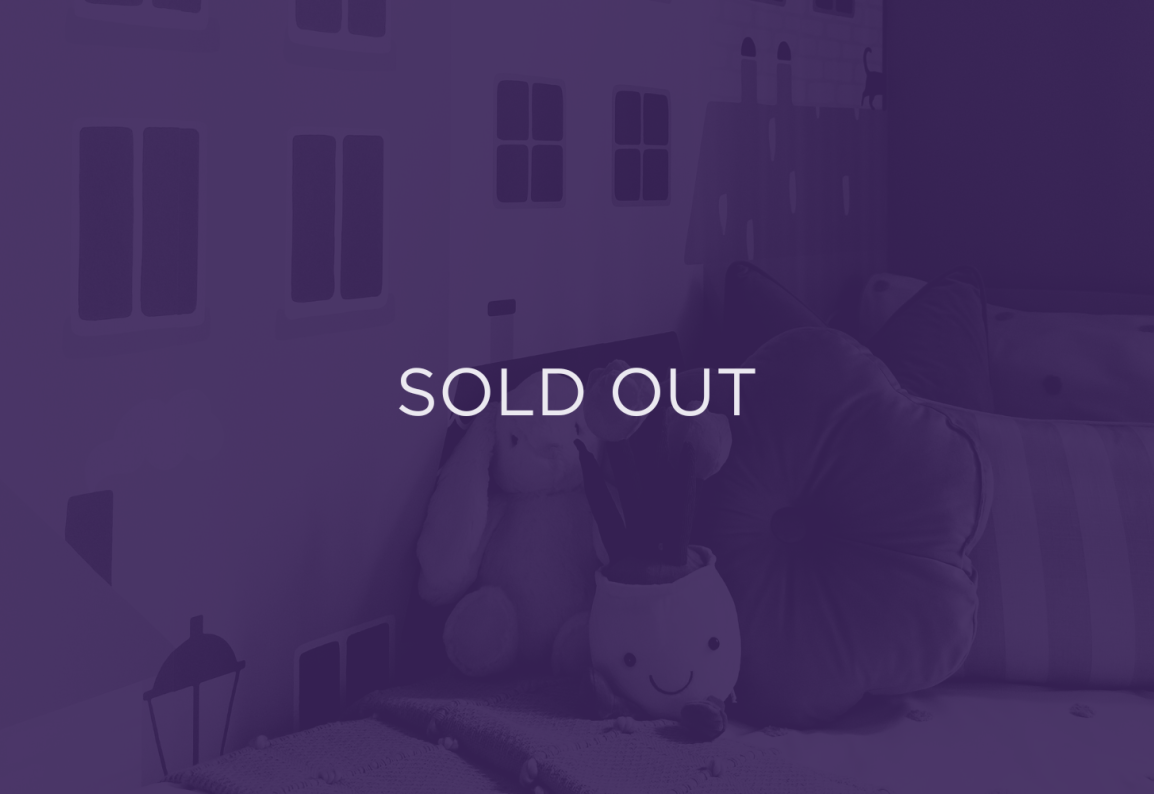 an image of some cuddly toys in a nursery, with a purple overlay and text that says sold out