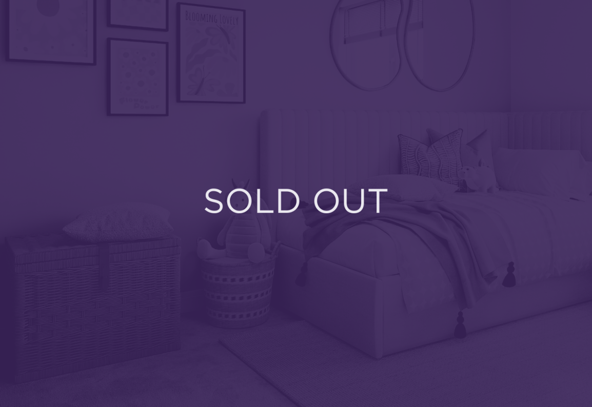 an image of a bedroom, with a purple overlay and text that says sold out